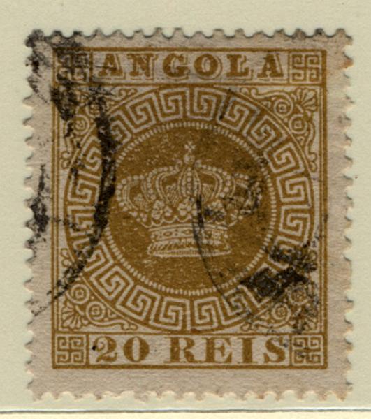 24Lis1546.jpg -     Lote:    1546            Angola       Descrição:         1870/1877 &mdash; Tipo Coroa. CE3, 20 reis bistre, papel liso médio, denteado 13 &frac12;. Transparência no verso e muito bonito pela frente. Selo de grande raridade. Valor de catálogo &euro; 506,00. MB.        O       Valor Base:     &euro; 150,00     Valor Venda:     Retirado     