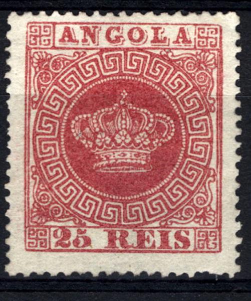 24Lis1547.jpg -     Lote:    1547            Angola       Descrição:         1870/1877 &mdash; Tipo Coroa. CE4, 25 reis, papel liso fino, denteado 14. Um dente mais curto. Valor de catálogo &euro; 840,00. MB.        *       Valor Base:     &euro; 250,00     Valor Venda:     &euro; 250,00     