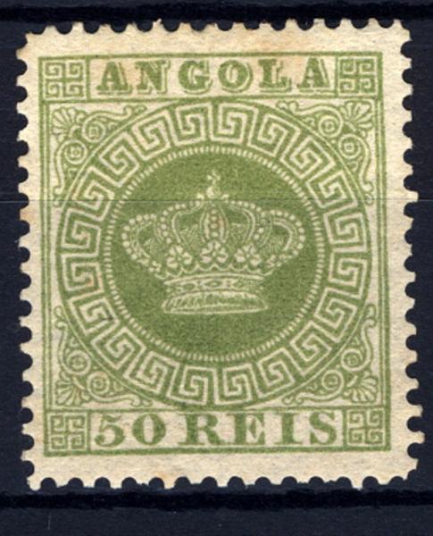 24Lis1548.jpg -     Lote:    1548            Angola       Descrição:         1870/1876 &mdash; Tipo Coroa. CE6, 50 reis verde, papel médio, denteado 12 &frac12;. Valor de catálogo &euro; 85,00.        R**       Valor Base:     &euro; 15,00     Valor Venda:     &euro; 15,00     