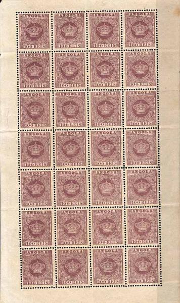 24Lis1550.jpg -     Lote:    1550            Angola       Descrição:         1870/76 &mdash; Tipo Coroa. CE7, 100 reis violeta, denteado 12 &frac12;, papel liso. Valor de catálogo &euro; 476,00.        *       Valor Base:     &euro; 25,00     Valor Venda:     &euro; 48,00     