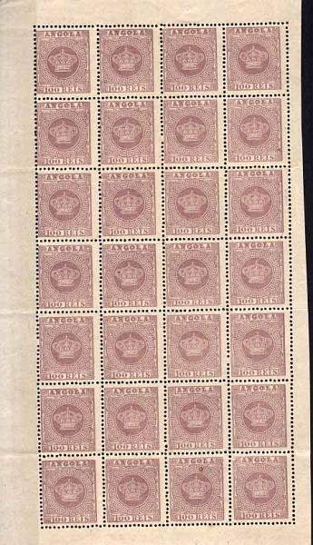 24Lis1551.jpg -     Lote:    1551            Angola       Descrição:         1870/77 &mdash; Tipo Coroa. CE7, 100 reis violeta, denteado 12 &frac12;. Folha completa de 28 selos. Valor de catálogo &euro; 476,00.        *       Valor Base:     &euro; 25,00     Valor Venda:     &euro; 42,00     