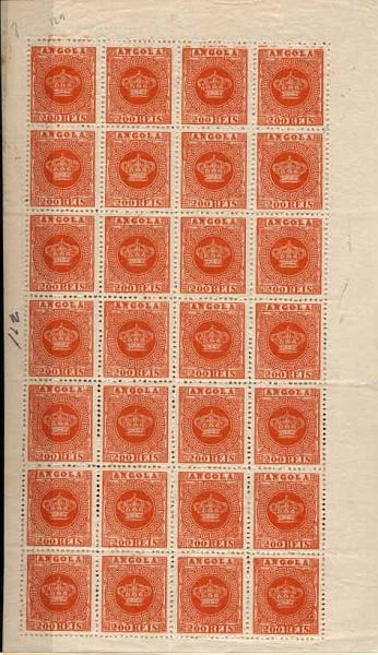 24Lis1553.jpg -     Lote:    1553            Angola       Descrição:         1870/1885 &mdash; Tipo Coroa. Lote de 3 folhas completas de 28 selos. CE7, 100 reis violeta, denteado 12 &frac12;, CE8, 200 reis laranja, denteado 12 &frac12;, e CE13, 40 reis amarelo ocre, denteado 13 &frac12;. Valor de catálogo &euro; 2.366,00.        Lote       Valor Base:     &euro; 90,00     Valor Venda:     &euro; 240,00     