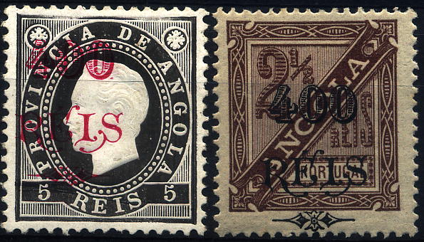 24Lis1556.jpg -     Lote:    1556            Angola       Descrição:         1902 &mdash; D. Luís I e D. Carlos I com sobretaxa. Lote de dois selos com a sobrecarga deslocada: CE59, 400 s/ 5 reis preto + CE74, 400 s/ 2 &frac12; reis castanho, denteado 13 &frac12;.        **       Valor Base:     &euro; 10,00     Valor Venda:     &euro; 14,00     