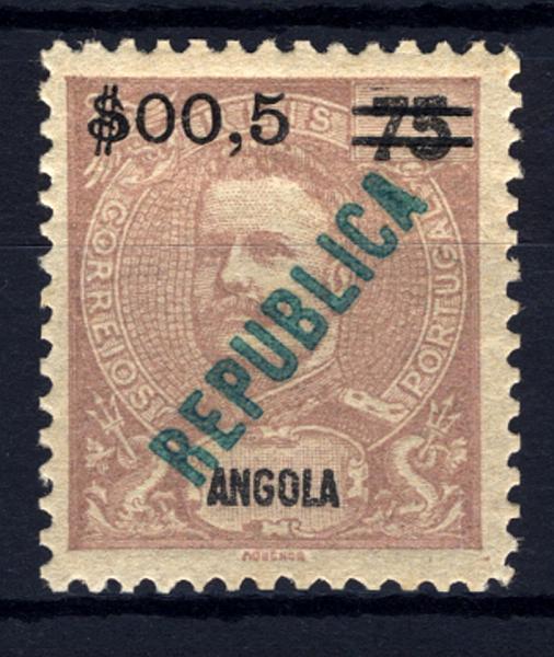 24Lis1567.jpg -     Lote:    1567            Angola       Descrição:         1921 &mdash; Não Emitido. D. Carlos I, com REPUBLICA local e sobretaxa. CE NE3, $00,5 s/ 75 reis castanho. Valor de catálogo &euro; 180,00.        **       Valor Base:     &euro; 40,00     Valor Venda:     &euro; 85,00     