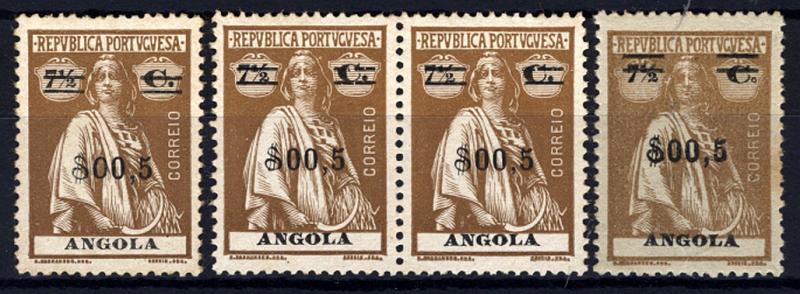 24Lis1568.jpg -     Lote:    1568            Angola       Descrição:         1921 &mdash; Ceres com sobretaxa. CE198, $00,5 s/ 7 &frac12; c, bistre. Lote composto por selo com 1.º "0" da sobretaxa diferente + par com selo normal e outro com $ partido + selo com impressão "bold" da sobretaxa. Valor de catálogo &euro; 82,65.        **/*       Valor Base:     &euro; 20,00     Valor Venda:     &euro; 24,00     