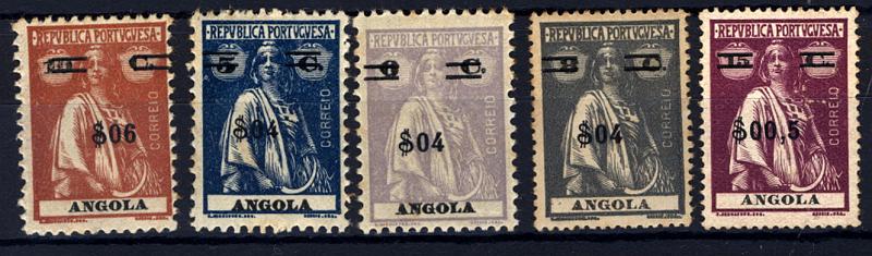 24Lis1570.jpg -     Lote:    1570            Angola       Descrição:         1920/21 &mdash; Não emitidos. Clandestinos. Ceres com sobretaxa. Lote de 5 selos sobretaxados: $06 s/ 10c, $04 s/ 5c, $04 s/ 6c, $04 s/ 2c, $00,5 s/ 15c.         **/*       Valor Base:     &euro; 20,00     Valor Venda:     &euro; 65,00     