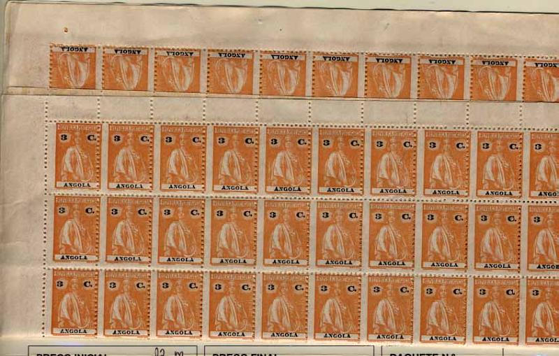 24Lis1571.jpg -     Lote:    1571            Angola       Descrição:         192&frac12;2 &mdash; Ceres. CE200, 3c laranja, denteado 12x11 &frac12;, papel liso. Folha completa de 180 selos, com ligeira deslocação do denteado. Valor de catálogo &euro; 54,00.        ***       Valor Base:     &euro; 12,00     Valor Venda:     &euro; 12,00     