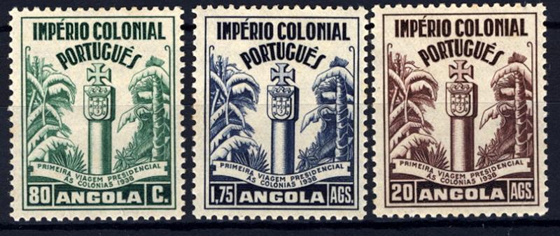 24Lis1576.jpg -     Lote:    1576            Angola       Descrição:         1938 &mdash; Primeira Viagem Presidencial às Colónias. CE276/278. Série completa. Valor de catálogo &euro; 94,00.        **       Valor Base:     &euro; 25,00     Valor Venda:     &euro; 25,00     