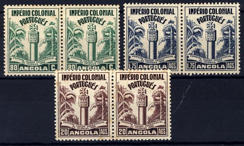 24Lis1577.jpg -     Lote:    1577            Angola       Descrição:         1938 &mdash; Primeira Viagem Presidencial às Colónias. CE276/278. Série completa em pares. Par de 20 Ags com ligeiros pontos de óxido no verso. Valor de catálogo &euro; 282,00.        ***       Valor Base:     &euro; 25,00     Valor Venda:     &euro; 25,00     