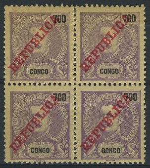 24Lis1592.jpg -     Lote:    1592            Congo       Descrição:         1911 &mdash; D. Carlos Mouchon com sobrecarga REPUBLICA da Casa da Moeda. CE74, 700 reis violeta. Quadra. Valor de catálogo &euro; 40,00.        ***       Valor Base:     &euro; 8,00     Valor Venda:     &euro; 16,00     