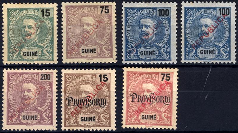 24Lis1602.jpg -     Lote:    1602            Guiné       Descrição:         1913 &mdash; D. Carlos I, com sobrecarga REPUBLICA local. CE137/142. Série completa + 1 selo de 100 reis. Valor de catálogo &euro; 177,00.        *       Valor Base:     &euro; 35,00     Valor Venda:     &euro; 42,00     