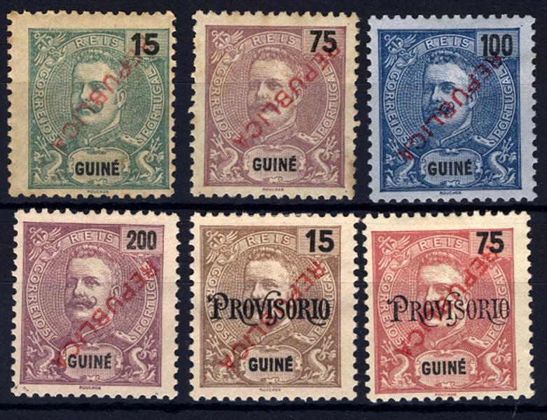 24Lis1603.jpg -     Lote:    1603            Guiné       Descrição:         1913 &mdash; D. Carlos I, com sobrecarga REPUBLICA local. CE137/142. Série completa com sobrecarga invertida. Apenas catalogada a do selo CE141. Conjunto muito raro.         *       Valor Base:     &euro; 120,00     Valor Venda:     &euro; 120,00     