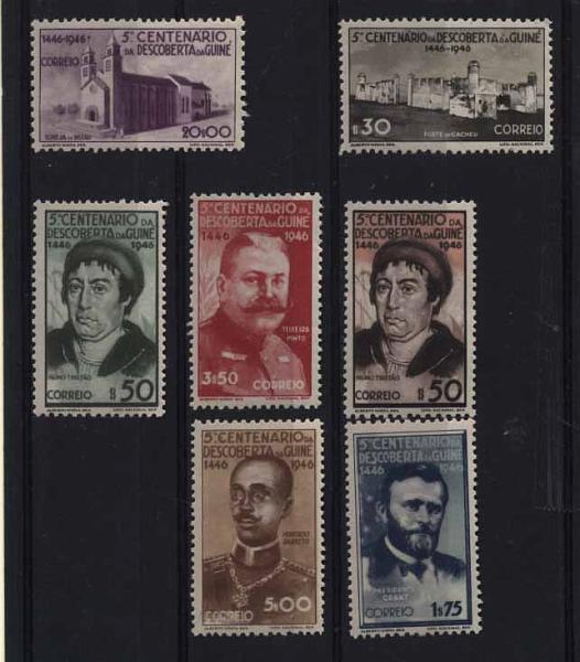 24Lis1607.jpg -     Lote:    1607            Guiné       Descrição:         1946 &mdash; 5.º Centenário da Descoberta da Guiné. CE24&frac12;47. Série retirada do bloco. Valor de catálogo &euro; 112,80,        ***       Valor Base:     &euro; 25,00     Valor Venda:     &euro; 25,00     