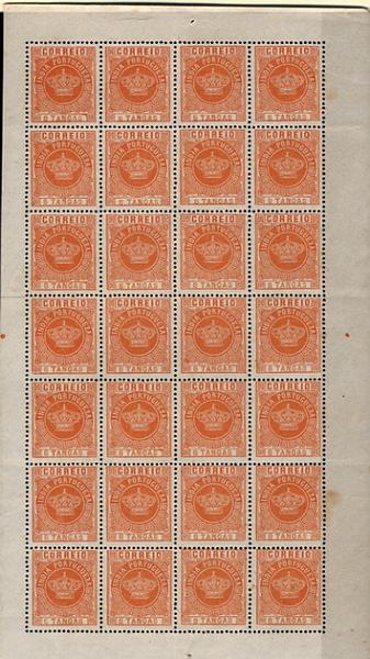24Lis1615.jpg -     Lote:    1615            Índia       Descrição:         1882 &mdash; Tipo Coroa. Valores em moeda local. CE121, 8T laranja, tipo I, papel liso fino, denteado 13 &frac12;. Folha completa de 28 selos. Valor de catálogo &euro; 182,00.        *       Valor Base:     &euro; 20,00     Valor Venda:     &euro; 24,00     