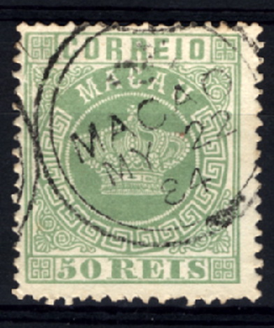 24Lis1621.jpg -     Lote:    1621            Macau       Descrição:         1884 &mdash; Tipo Coroa. CE16, 50 reis verde claro, denteado 13 &frac12;. Valor de catálogo &euro; 44,10.        O       Valor Base:     &euro; 10,00     Valor Venda:     &euro; 32,00     