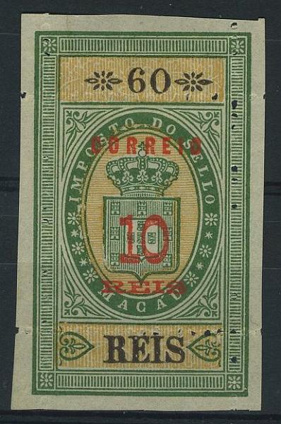 24Lis1622.jpg -     Lote:    1622            Macau       Descrição:         1887 &mdash; Selos fiscais, sobrecarregados e denteados. CE30, 10 s/ 60 reis. Selo inteiro. Valor de catálogo &euro; 150,00.        *       Valor Base:     &euro; 30,00     Valor Venda:     &euro; 30,00     