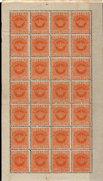 24Lis1639.jpg -     Lote:    1639            Moçambique       Descrição:         1876 &mdash; Tipo Coroa. CE8, 200 reis laranja, papel liso fino, denteado 13 &frac12;. Folha completa de 28 selos. Valor de catálogo &euro; 182,00.        *       Valor Base:     &euro; 20,00     Valor Venda:     &euro; 24,00     