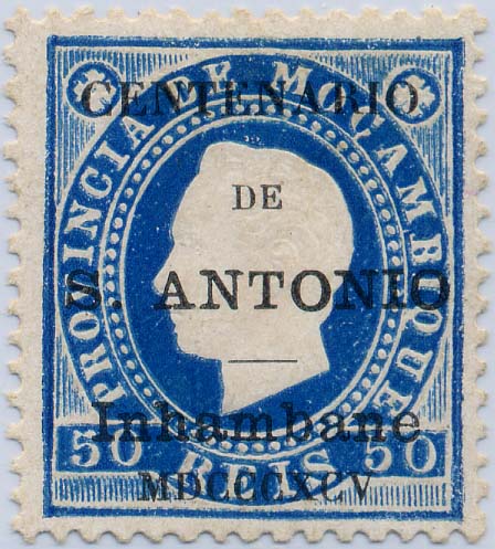 24Lis1663.jpg -     Lote:    1663            Inhambane       Descrição:         1895 &mdash; Selos de D. Luís I. Fita direita de Moçambique, com sobrecarga do "Centenário de S. António". CE6, 50 reis azul, papel porcelana, denteado 12 &frac12;. Valor de catálogo &euro; 88,50.        *       Valor Base:     &euro; 26,00     Valor Venda:     &euro; 75,00     