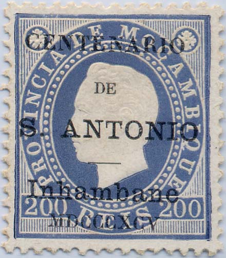 24Lis1665.jpg -     Lote:    1665            Inhambane       Descrição:         1895 &mdash; Selos de D. Luís I. Fita direita de Moçambique, com sobrecarga do "Centenário de S. António". CE8, 200 reis azul violeta, papel porcelana, denteado 12 &frac12;. Valor de catálogo &euro; 118,00.        *       Valor Base:     &euro; 34,00     Valor Venda:     &euro; 48,00     