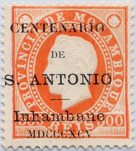 24Lis1666.jpg -     Lote:    1666            Inhambane       Descrição:         1895 &mdash; Selos de D. Luís I. Fita direita de Moçambique, com sobrecarga do "Centenário de S. António". CE9, 300 reis laranja, papel porcelana, denteado 12 &frac12;. Valor de catálogo &euro; 118,00.        *       Valor Base:     &euro; 34,00     Valor Venda:     &euro; 55,00     