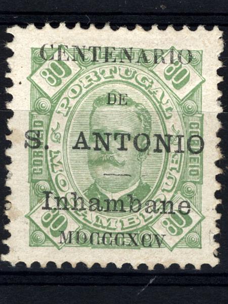 24Lis1667.jpg -     Lote:    1667            Inhambane       Descrição:         1895 &mdash; Selos de D. Carlos I com sobrecarga "Centenário de S. António". CE12, 80 reis verde claro, denteado 11 &frac12;, papel porcelana. Valor de catálogo &euro; 94,40.        *       Valor Base:     &euro; 30,00     Valor Venda:     &euro; 36,00     