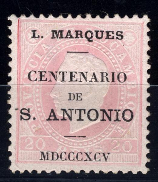 24Lis1678.jpg -     Lote:    1678            Lourenço Marques       Descrição:         1895 &mdash; Selos de D. Luís I. Fita direita, de Moçambique com sobrecarga "Centenário de S. António". CE16, 20 reis rosa, denteado 12 &frac12;. Valor de catálogo &euro; 29,50.        *       Valor Base:     &euro; 10,00     Valor Venda:     &euro; 22,00     