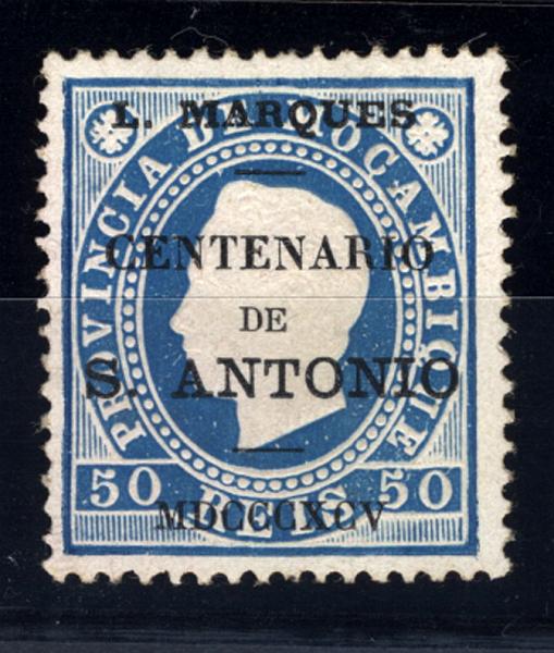24Lis1681.jpg -     Lote:    1681            Lourenço Marques       Descrição:         1895 &mdash; Selos de D. Luís I. Fita direita, de Moçambique com sobrecarga "Centenário de S. António". CE19, 50 reis azul, denteado 13 &frac12;. Valor de catálogo &euro; 23,60.        *       Valor Base:     &euro; 6,00     Valor Venda:     &euro; 14,00     