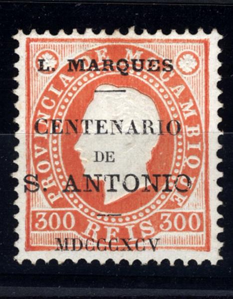 24Lis1685.jpg -     Lote:    1685            Lourenço Marques       Descrição:         1895 &mdash; Selos de D. Luís I. Fita direita, de Moçambique com sobrecarga "Centenário de S. António". CE22, 300 reis laranja, denteado 12 &frac12;. Valor de catálogo &euro; 76,70.        *       Valor Base:     &euro; 20,00     Valor Venda:     &euro; 30,00     