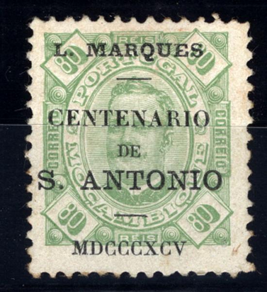24Lis1689.jpg -     Lote:    1689            Lourenço Marques       Descrição:         1895 &mdash; Selos de D. Carlos I. Fita direita, de Moçambique com sobrecarga "Centenário de S. António". CE28, 80 reis verde claro, denteado 11 &frac12;. Valor de catálogo &euro; 94,40.        *       Valor Base:     &euro; 28,00     Valor Venda:     &euro; 30,00     
