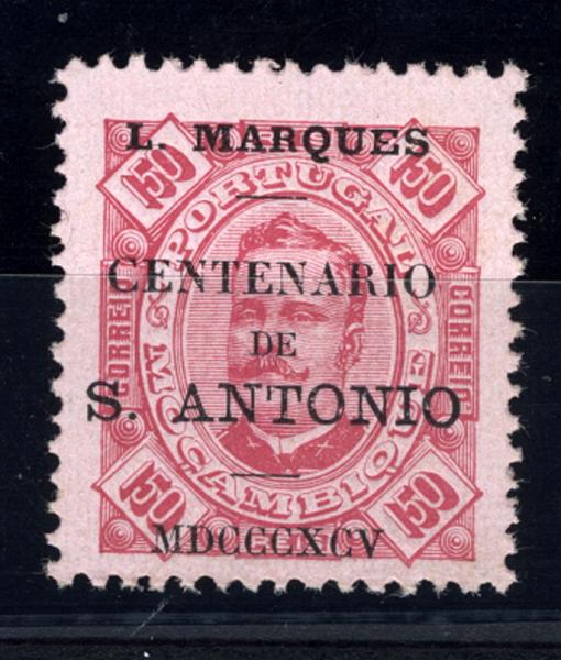 24Lis1690.jpg -     Lote:    1690            Lourenço Marques       Descrição:         1895 &mdash; Selos de D. Carlos I. Fita direita, de Moçambique com sobrecarga "Centenário de S. António". CE30, 150 reis carmim s/ rosa, denteado 12 &frac12;. Valor de catálogo &euro; 59,00.        *       Valor Base:     &euro; 18,00     Valor Venda:     &euro; 22,00     