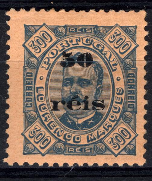 24Lis1691.jpg -     Lote:    1691            Lourenço Marques       Descrição:         1896 &mdash; Selos de D. Carlos I, Diogo Neto, com sobretaxa. CE31, 50r s/ 300 reis azul s/ laranja. Valor de catálogo &euro; 340,00. MB.        **       Valor Base:     &euro; 90,00     Valor Venda:     &euro; 190,00     