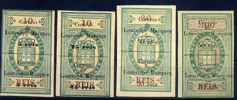24Lis1692.jpg -     Lote:    1692            Lourenço Marques       Descrição:         1899 &mdash; Selos fiscais de Moçambique, com sobretaxa. CE47/50. Séries completa com selos completos. Valor de catálogo &euro; 70,80.        *       Valor Base:     &euro; 20,00     Valor Venda:     &euro; 34,00     