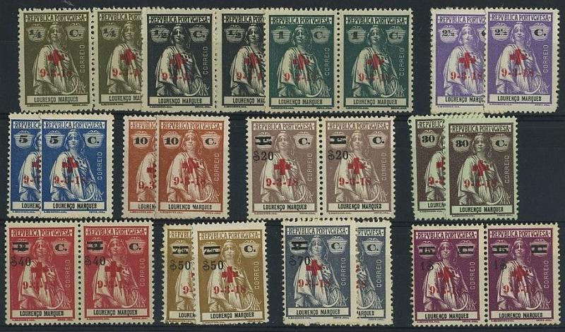 24Lis1695.jpg -     Lote:    1695            Lourenço Marques       Descrição:         1918 &mdash; Ceres com sobrecarga "Cruz Vermelha Portuguesa". CE159/170. Duas séries completas, com 6 valores em pares. Maioria dos selos com goma sem sinal de charneira. Valor aproximado de catálogo &euro; 97,00.        ***/**       Valor Base:     &euro; 20,00     Valor Venda:     &euro; 44,00     