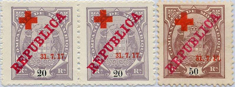 24Lis1703.jpg -     Lote:    1703            Companhia de Moçambique       Descrição:         1917 &mdash; Tipo Elefantes, com REPUBLICA e sobrecarga Cruz Vermelha. Lote composto por: CE109, 20 reis lilás cinzento em par horizontal + CE110, 50 reis castanho. Ambos em papel porcelana. Valor de catálogo &euro; 77,90.        *       Valor Base:     &euro; 20,00     Valor Venda:     &euro; 22,00     