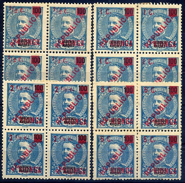 24Lis1735.jpg -     Lote:    1735            Kionga       Descrição:         1916 &mdash; Selos de D. Carlos I, de Lourenço Marques, com sobretaxa e sobrecarga. CE&frac14;. Série completa em quadras. Valor de catálogo &euro; 243,20.        *       Valor Base:     &euro; 60,00     Valor Venda:     &euro; 95,00     