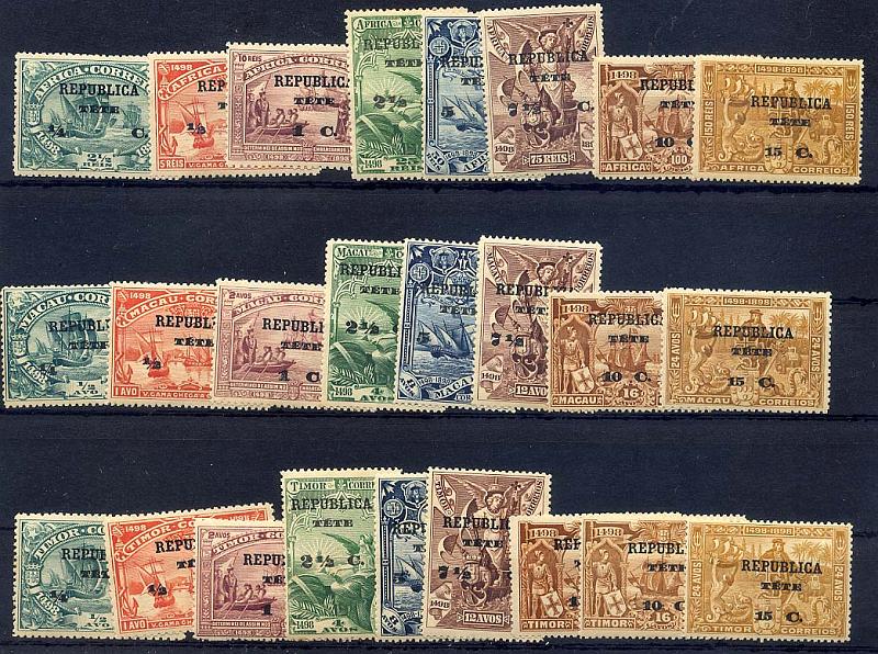 24Lis1736.jpg -     Lote:    1736            Tete       Descrição:         1913 &mdash; 4.º Centenário do Descobrimento do Caminho Marítimo para a Índia. Selos de África, Macau e Timor, com sobrecargas TETE e REPUBLICA, e sobretaxa. CE&frac12;4. Conjunto das três séries. Valor de catálogo &euro; 69,45.        **       Valor Base:     &euro; 18,00     Valor Venda:     &euro; 22,00     