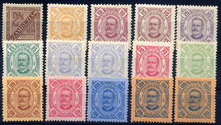 24Lis1737.jpg -     Lote:    1737            Zambézia       Descrição:         1893/94 &mdash; D. Carlos I, tipo Diogo Neto. CE1/13. Série completa + 2 selos. CE1, 6, 7, 9, 11, 12 e 13 em dent. 12 &frac12;, CE2/5, 7/8, 10 e 13 em dent. 11 &frac12;. Quatro selos com ligeiros pontos de óxido. Selo de 75 reis dent. 11 &frac12; MB. Valor de catálogo &euro; 226,00.        **       Valor Base:     &euro; 50,00     Valor Venda:     &euro; 85,00     