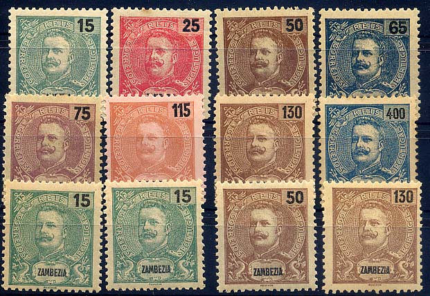 24Lis1743.jpg -     Lote:    1743            Zambézia       Descrição:         1903 &mdash; D. Carlos I. Novas cores e valores. CE46/53. Série completa + 4 selos (15 (2), 50 e 130 reis), com tonalidades diferentes. Três selos com vestígios de óxido. Lote a ver. Valor de catálogo &euro; 88,55.        **       Valor Base:     &euro; 12,00     Valor Venda:     &euro; 30,00     