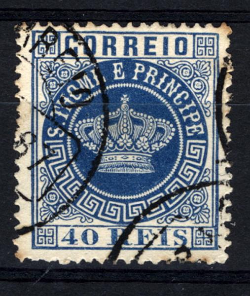 24Lis1745.jpg -     Lote:    1745            S. Tomé e Príncipe       Descrição:         1870/1877 &mdash; Tipo Coroa. CE5, 40 reis azul, papel liso espesso, denteado. NÃO CATALOGADO.        O       Valor Base:     &euro; 20,00     Valor Venda:     &euro; 28,00     