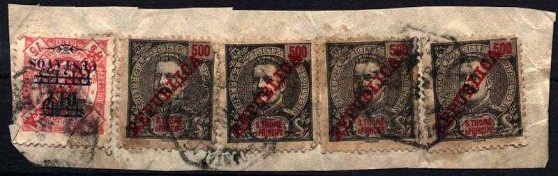 24Lis1750.jpg -     Lote:    1750            S. Tomé e Príncipe       Descrição:         1911/1923 &mdash; D. Carlos I Mouchon com sobrecarga REPUBLICA da Casa da Moeda + D. Carlos I com sobretaxa. Fragmento com 4 selos de 500 reis CE109 + selo de 10C s/ 130 reis s/ 75 reis.        FRG       Valor Base:     &euro; 12,00     Valor Venda:     Retirado     