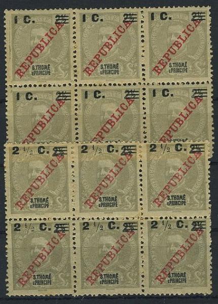 24Lis1752.jpg -     Lote:    1752            S. Tomé e Príncipe       Descrição:         1919 &mdash; D. Carlos I tipo Mouchon, com sobrecarga REPUBLICA da Casa da Moeda e sobretaxa local. CE229/230. Lote de dois blocos de 6 selos de 1c s/ 2 &frac12; reis e 2 &frac12; c s/ 2 &frac12; reis. Valor de catálogo &euro; 39,60.        ***       Valor Base:     &euro; 10,00     Valor Venda:     &euro; 10,00     