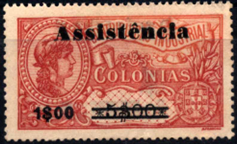 24Lis1756.jpg -     Lote:    1756            S. Tomé e Príncipe       Descrição:         1946 &mdash; Imposto Postal * ASSISTÊNCIA. Selos fiscais de África, com sobretaxa. CE7, 1$00 s/ 5$00 carmim, tipo I. Valor de catálogo &euro; 30,30.        *       Valor Base:     &euro; 10,00     Valor Venda:     &euro; 20,00     