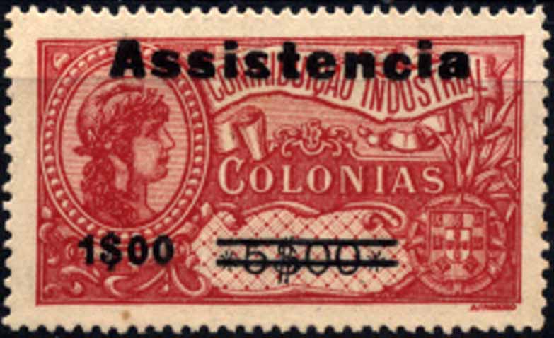 24Lis1757.jpg -     Lote:    1757            S. Tomé e Príncipe       Descrição:         1946 &mdash; Imposto Postal * ASSISTÊNCIA. Selos fiscais de África, com sobretaxa. CE7, 1$00 s/ 5$00 carmim, tipo II, com "e" em vez de "ê". Valor de catálogo &euro; 60,00.        *       Valor Base:     &euro; 20,00     Valor Venda:     &euro; 34,00     