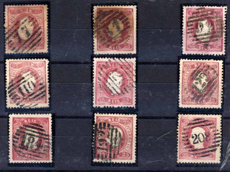 24Lis1771.jpg -     Lote:    1771            Portugal       Descrição:         Carimbos numéricos da 1.ª reforma. 1867/70 &mdash; D. Luís I, fita curva, denteados. Lote de 9 selos de 25 reis carmim CE30, obliterados com carimbos batidos a preto n.ºs: 77, 81, 92, 110, 126, 129, 184, 192 e 208.        Lote       Valor Base:     &euro; 10,00     Valor Venda:     &euro; 18,00     