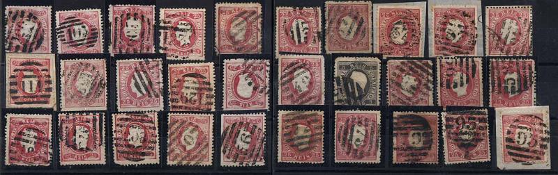 24Lis1772.jpg -     Lote:    1772            Portugal       Descrição:         Carimbos numéricos da 2.ª reforma. Lote de 30 selos de 25 reis carmim CE40, todos obliterados com carimbos numéricos da 2.ª reforma. Lote a ver.        Lote       Valor Base:     &euro; 10,00     Valor Venda:     &euro; 14,00     