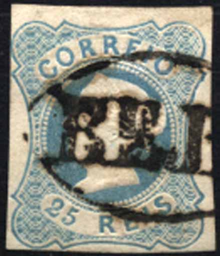 24Lis1774.jpg -     Lote:    1774            Portugal       Descrição:         Carimbos nominativos 1.ª reforma. 1853 &mdash; D. Maria II. CE2, 25 reis azul com margens curtas, obliterado com carimbo batido a preto "BEJA" &mdash; GM BJA4. B e R.        O       Valor Base:     &euro; 75,00     Valor Venda:     &euro; 95,00     