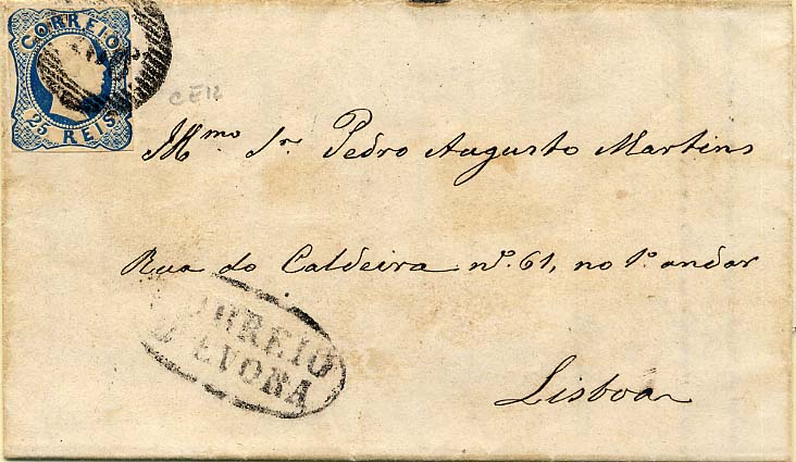 24Lis1777.jpg -     Lote:    1777            Portugal       Descrição:         Carimbos nominativos * 1856/1858 &mdash; D. Pedro V, cabelos anelados. CE12, 25 reis azul, com largas curtas, circulado em carta datada de Évora para o Lisboa (25.10.1857), obliterado com carimbo nominativo "CORREIO D'EVORA".        Carta       Valor Base:     &euro; 6,00     Valor Venda:     &euro; 14,00     