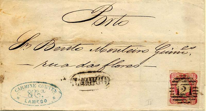24Lis1780.jpg -     Lote:    1780            Portugal       Descrição:         Carimbos nominativos * 1856/1858 &mdash; D. Pedro V, cabelos anelados. CE13, 25 reis carmim, margens normais, circulado em carta datada de Lamego para o Porto (18.05.1862), obliterado com carimbo de barras da 1.ª reforma "121" e carimbo nominativo "LAMEGO" batidos a preto.        Carta       Valor Base:     &euro; 6,00     Valor Venda:     Retirado     
