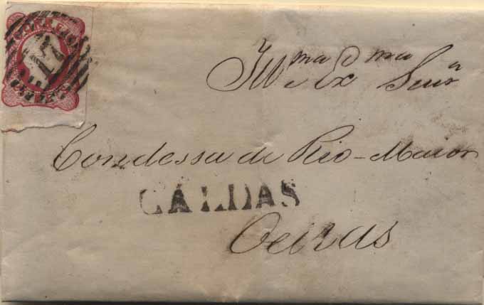 24Lis1781.jpg -     Lote:    1781            Portugal       Descrição:         Carimbos nominativos. 1856/58 &mdash; D. Pedro V, cabelos anelados. CE13, 25 reis carmim, margens normais em carta circulada das Caldas (09.10.1860) para Lisboa. Carimbo nominativo batido a sépia CALDAS, GM CLD4.        Carta       Valor Base:     &euro; 10,00     Valor Venda:     &euro; 22,00     