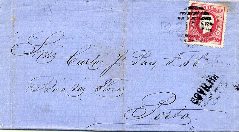24Lis1783.jpg -     Lote:    1783            Portugal       Descrição:         1867/1870 &mdash; D. Luís I. Fita curva, denteados. Sobrescrito circulado da Covilhã para o Porto (16.01.1871), com selo de 25 reis carmim, CE30, obliterado com carimbo de barras da 2.ª reforma "170" e carimbo nominativo "COVILHA", ambos batidos a preto.        Carta       Valor Base:     &euro; 10,00     Valor Venda:     Retirado     